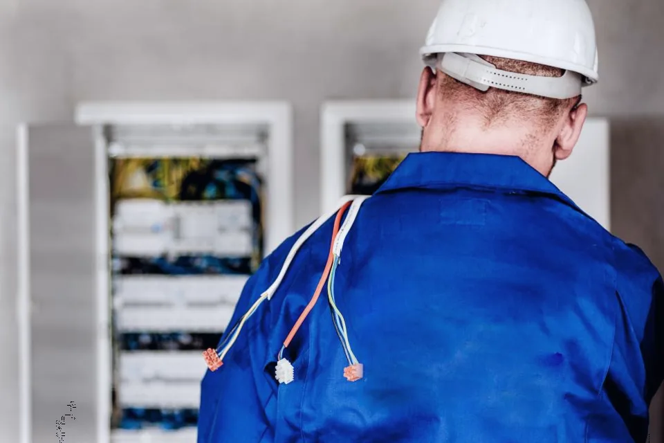 Technicien en bleu de travail devant une armoire technique.