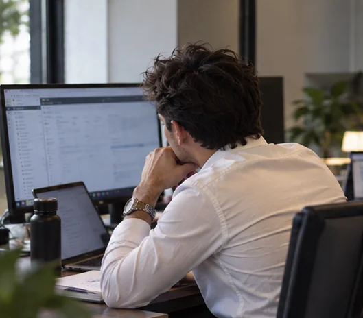 Léo Roussel de dos à son bureau, analysant un logiciel de gestion à l’écran.
