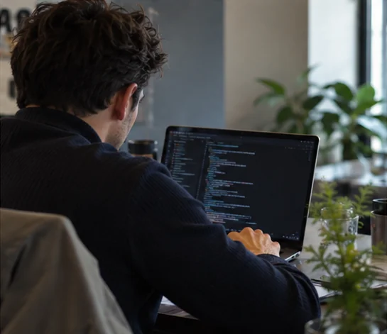 Léo Roussel développant sur un ordinateur portable, code à l’écran.