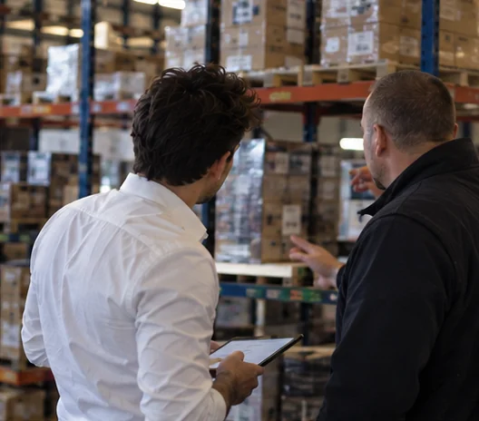 Léo Roussel dans un entrepôt, tablette en main, avec un responsable logistique.
